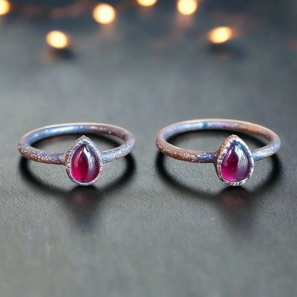 Electroformed Copper Garnet Ring: Pear-Shaped Boho Birthstone, Crystal Jewelry Gift, Holiday Present For Her - BlackbirdSageStudio