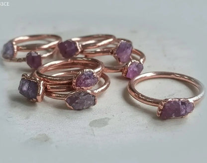 Dainty Raw Pink Tourmaline Copper Ring: Electroformed Stacking Ring - BlackbirdSageStudio