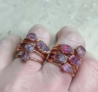 Dainty Raw Pink Tourmaline Copper Ring: Electroformed Stacking Ring - BlackbirdSageStudio