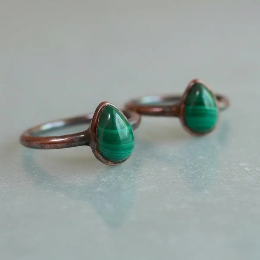 Teardrop Malachite Ring: Electroformed Copper Rustic Jewelry, Crystal Jewelry Gift, Holiday Present For Her - BlackbirdSageStudio