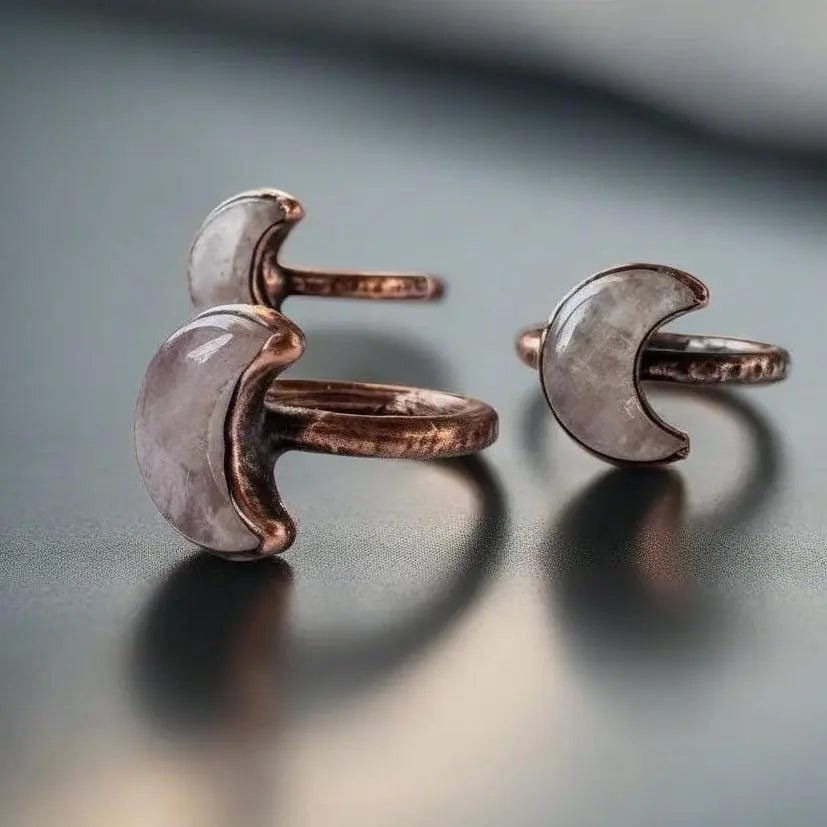 Kunzite Crescent Moon Ring: Electroformed Copper Boho Jewelry - BlackbirdSageStudio