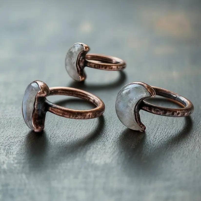 Kunzite Crescent Moon Ring: Electroformed Copper Boho Jewelry - BlackbirdSageStudio