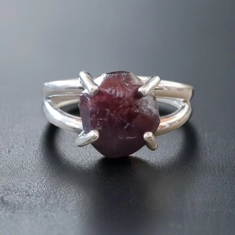 Raw Garnet Sterling Silver Ring: Prong Set January Birthstone - BlackbirdSageStudio
