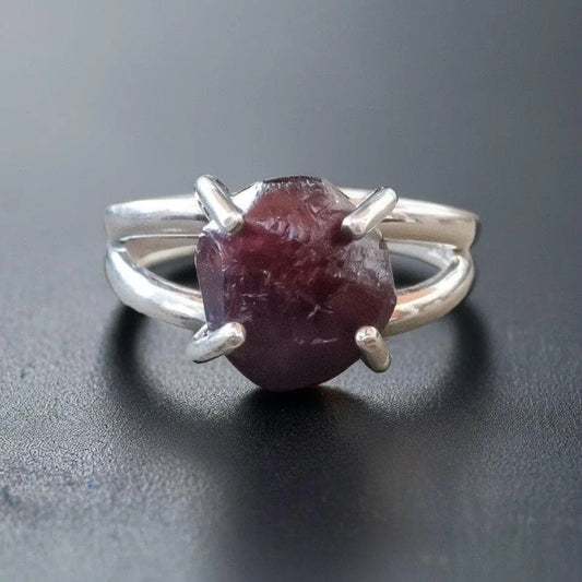 Raw Garnet Sterling Silver Ring: Prong Set January Birthstone - BlackbirdSageStudio