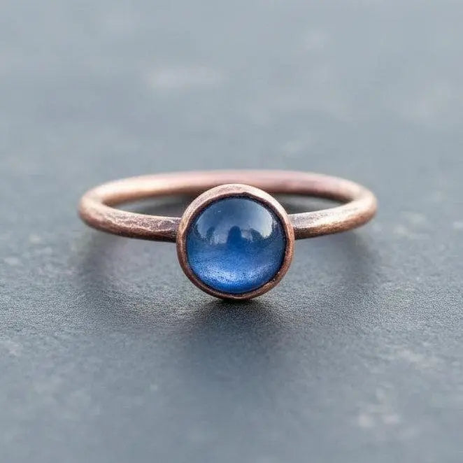 Electroformed Copper Ring: Blue Kyanite Round Stone, Boho Jewelry - BlackbirdSageStudio