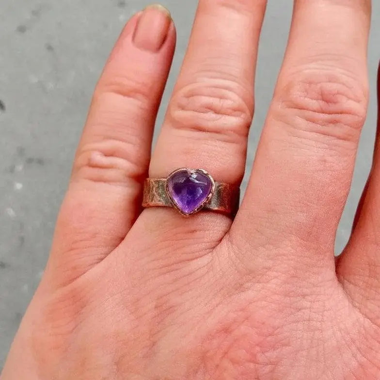 Amethyst Heart Copper Ring: Electroformed Wide Band, February Birthstone Gift - BlackbirdSageStudio