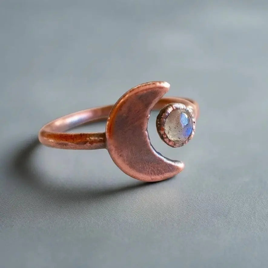 Electroformed Copper Ring: Crescent Moon & Labradorite, Bohemian Jewelry - BlackbirdSageStudio
