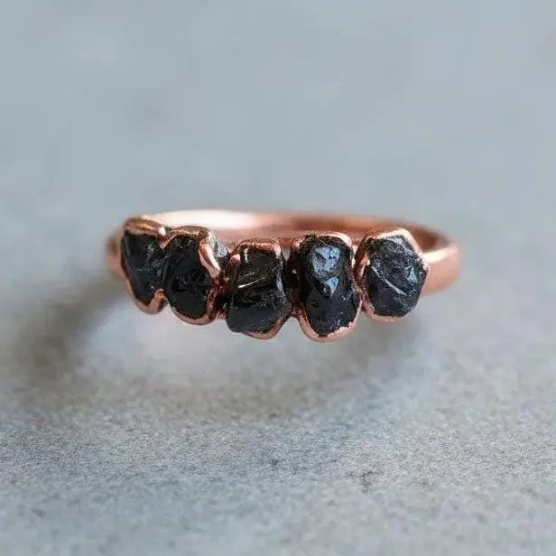 Black Tourmaline Copper Ring: Raw Crystal Multistone Jewelry - BlackbirdSageStudio