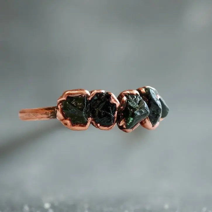 Black Tourmaline Copper Ring: Raw Crystal Multistone Jewelry - BlackbirdSageStudio