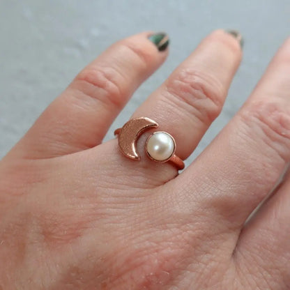 Pearl Crescent Moon Copper Ring: Electroformed Boho Jewelry - BlackbirdSageStudio