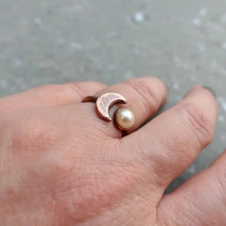 Pearl Crescent Moon Copper Ring: Electroformed Boho Jewelry - BlackbirdSageStudio