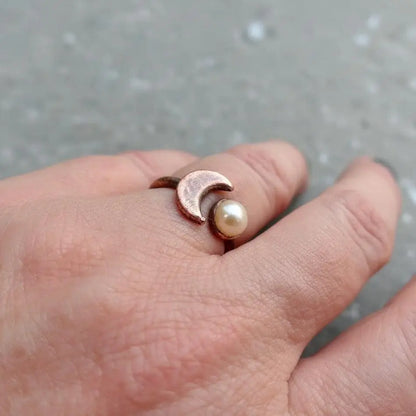Pearl Crescent Moon Copper Ring: Electroformed Boho Jewelry - BlackbirdSageStudio