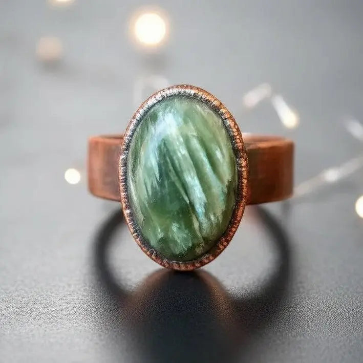 Handmade Seraphinite Ring: Electroformed Copper Wide Band, Boho Statement Jewelry - BlackbirdSageStudio