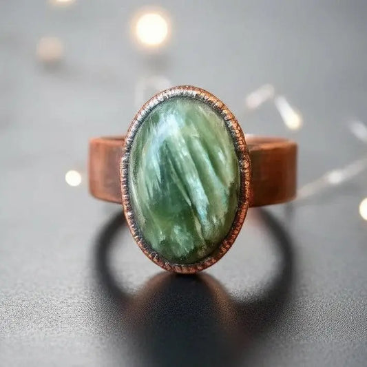 Handmade Seraphinite Ring: Electroformed Copper Wide Band, Boho Statement Jewelry - BlackbirdSageStudio