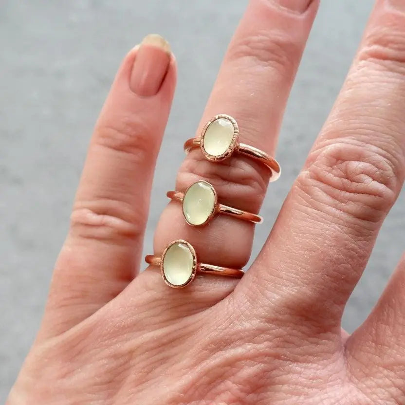 Oval Prehnite Copper Ring: Electroformed Bohemian Jewelry, Crystal Jewelry Gift, Holiday Present For Her - BlackbirdSageStudio