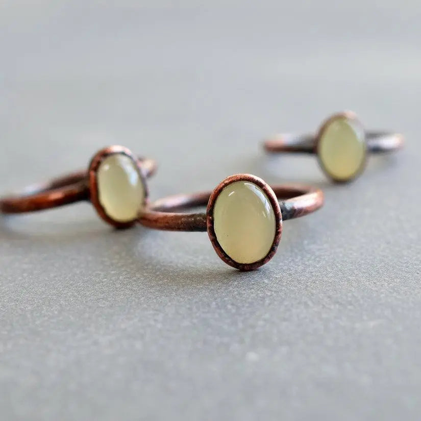 Oval Prehnite Copper Ring: Electroformed Bohemian Jewelry, Crystal Jewelry Gift, Holiday Present For Her - BlackbirdSageStudio