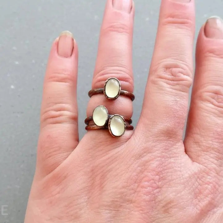 Oval Prehnite Copper Ring: Electroformed Bohemian Jewelry, Crystal Jewelry Gift, Holiday Present For Her - BlackbirdSageStudio