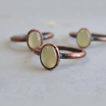 Oval Prehnite Copper Ring: Electroformed Bohemian Jewelry, Crystal Jewelry Gift, Holiday Present For Her - BlackbirdSageStudio