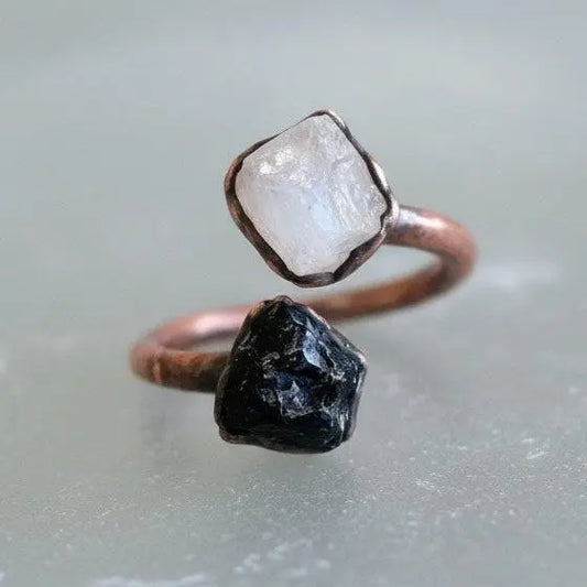 Electroformed Copper Ring: Raw Black Tourmaline & Moonstone Twist - BlackbirdSageStudio