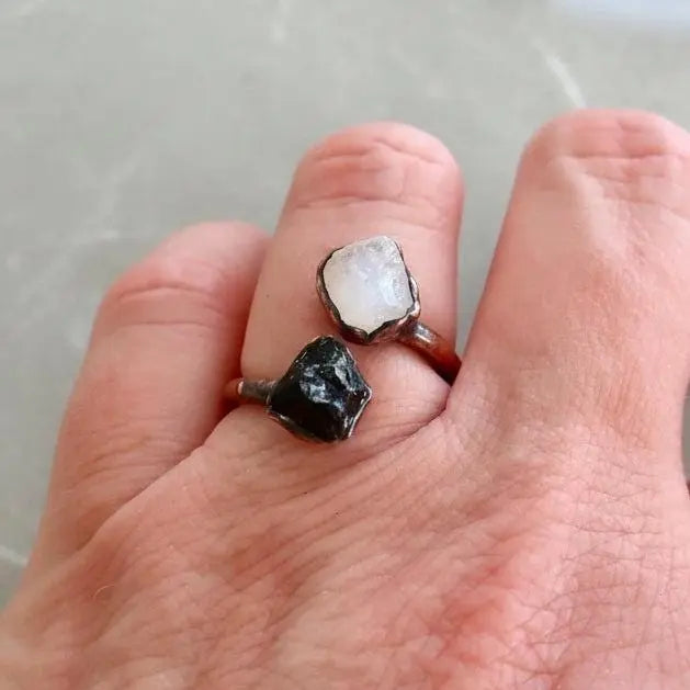 Electroformed Copper Ring: Raw Black Tourmaline & Moonstone Twist - BlackbirdSageStudio