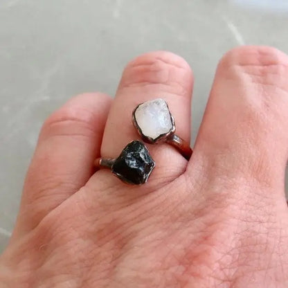 Electroformed Copper Ring: Raw Black Tourmaline & Moonstone Twist - BlackbirdSageStudio
