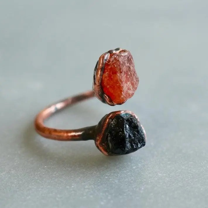 Raw Black Tourmaline Sunstone Copper Ring: Electroformed Open Band - BlackbirdSageStudio