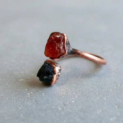 Raw Black Tourmaline Sunstone Copper Ring: Electroformed Open Band - BlackbirdSageStudio