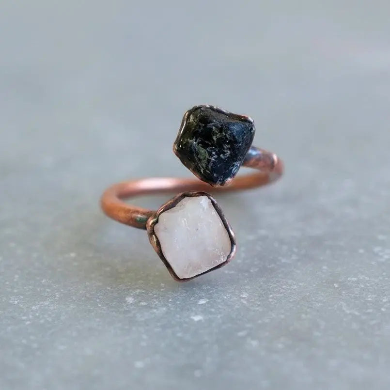 Electroformed Copper Ring: Raw Black Tourmaline & Moonstone Twist - BlackbirdSageStudio