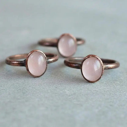 Electroformed Rose Quartz Ring, Oval Cab, Copper Jewelry - BlackbirdSageStudio
