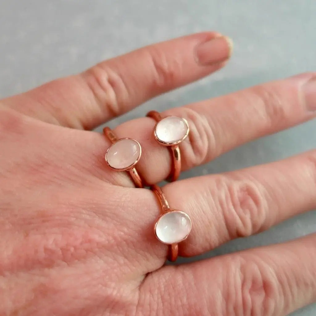 Electroformed Rose Quartz Ring, Oval Cab, Copper Jewelry - BlackbirdSageStudio