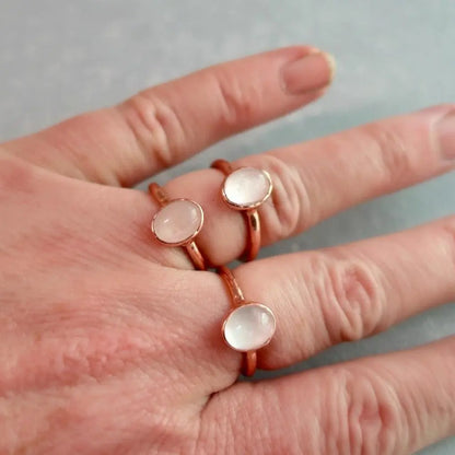 Electroformed Rose Quartz Ring, Oval Cab, Copper Jewelry - BlackbirdSageStudio
