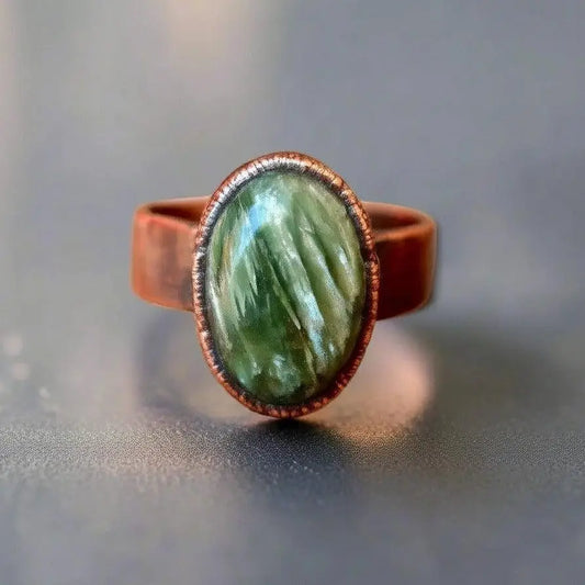 Handmade Seraphinite Crystal Ring: Electroformed Copper Boho Band - BlackbirdSageStudio