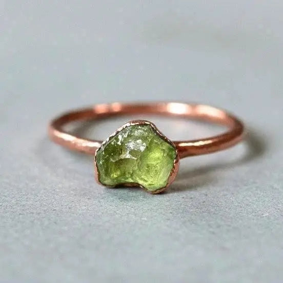 Dainty Raw Peridot Copper Ring: August Birthstone Jewelry, Electroformed Adornments, Bohemian Crystal Jewelry - BlackbirdSageStudio