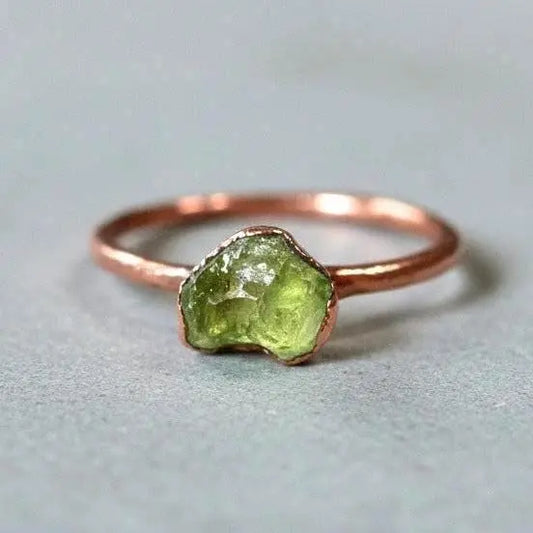 Dainty Raw Peridot Copper Ring: August Birthstone Jewelry, Electroformed Adornments, Bohemian Crystal Jewelry - BlackbirdSageStudio