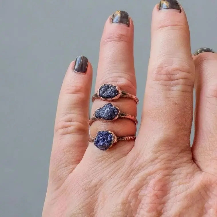 Raw Azurite Copper Ring: Electroformed Boho Gemstone Jewelry - BlackbirdSageStudio