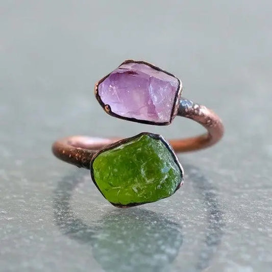 Raw Peridot Amethyst Stone Ring: Electroformed Copper, Handmade Birthstone Jewelry - BlackbirdSageStudio