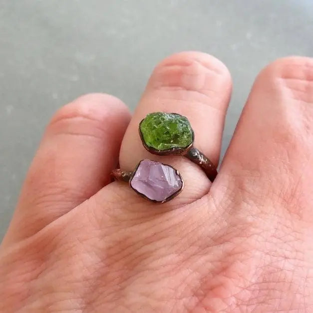 Raw Peridot Amethyst Stone Ring: Electroformed Copper, Handmade Birthstone Jewelry - BlackbirdSageStudio
