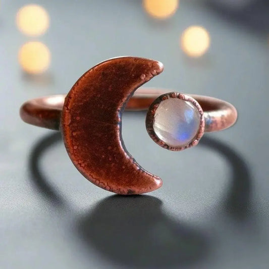 Electroformed Copper Moonstone Ring: Crescent Moon Boho Jewelry - BlackbirdSageStudio