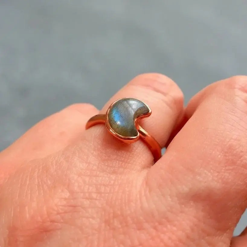 Electroformed Copper Labradorite Crescent Moon Ring - US Size 7 - BlackbirdSageStudio