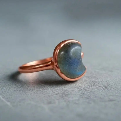 Electroformed Copper Labradorite Crescent Moon Ring - US Size 7 - BlackbirdSageStudio