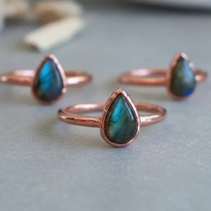 Electroformed Copper Labradorite Ring: Teardrop Boho Jewelry, Crystal Jewelry Gift, Holiday Present For Her - BlackbirdSageStudio