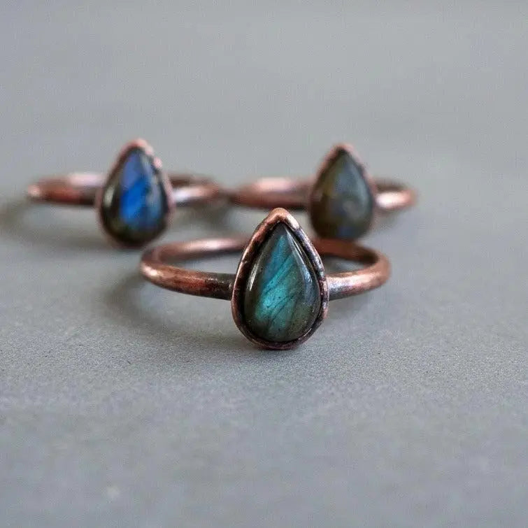 Electroformed Copper Labradorite Ring: Teardrop Boho Jewelry, Crystal Jewelry Gift, Holiday Present For Her - BlackbirdSageStudio