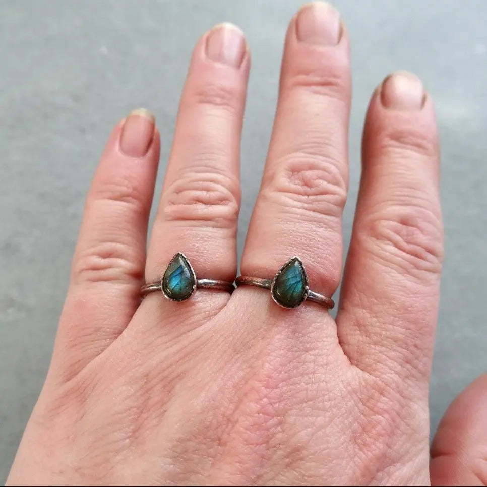 Electroformed Copper Labradorite Ring: Teardrop Boho Jewelry, Crystal Jewelry Gift, Holiday Present For Her - BlackbirdSageStudio
