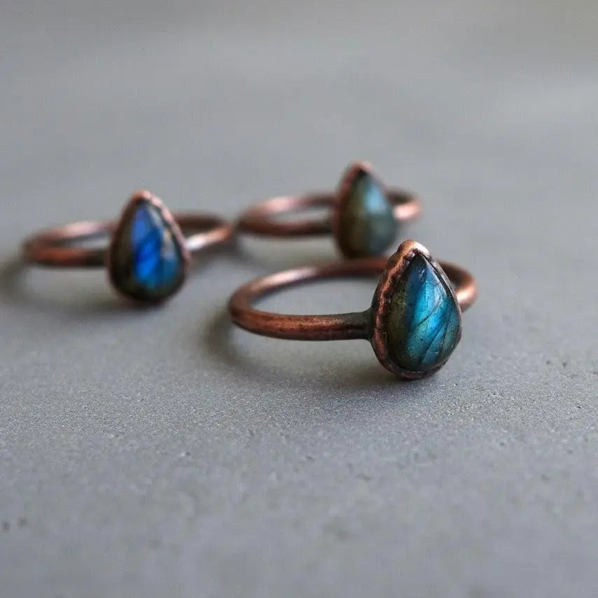 Electroformed Copper Labradorite Ring: Teardrop Boho Jewelry, Crystal Jewelry Gift, Holiday Present For Her - BlackbirdSageStudio