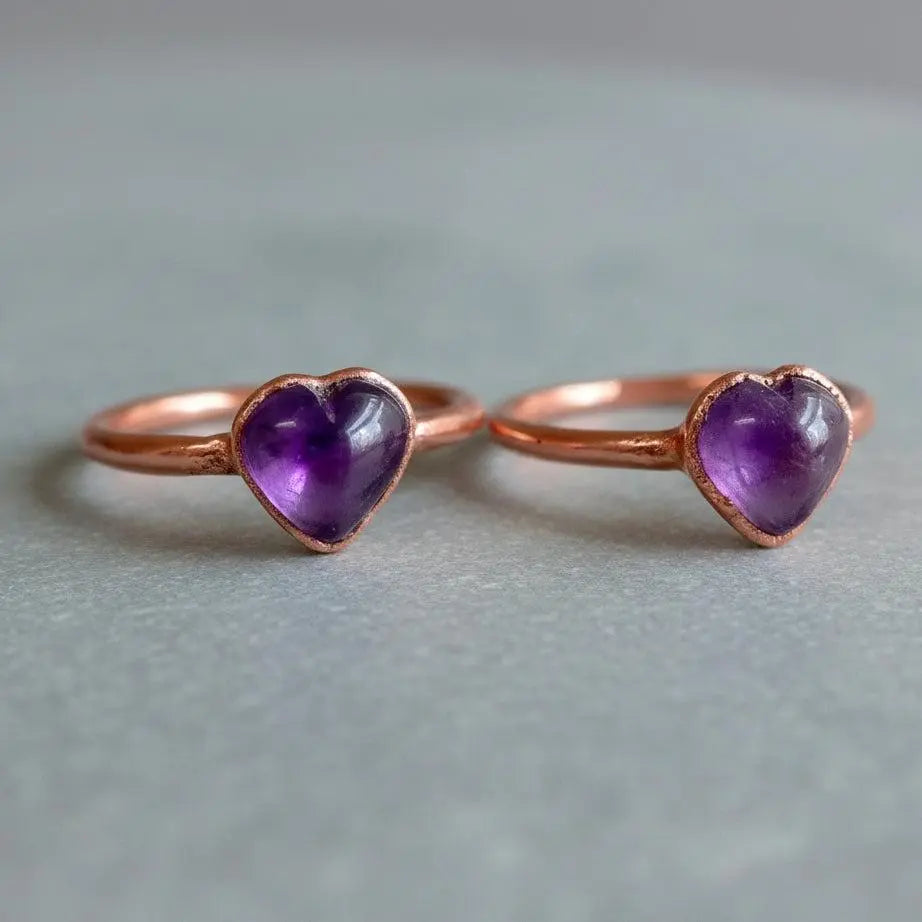 Electroformed Copper Amethyst Heart Ring: Bohemian February Birthstone - BlackbirdSageStudio