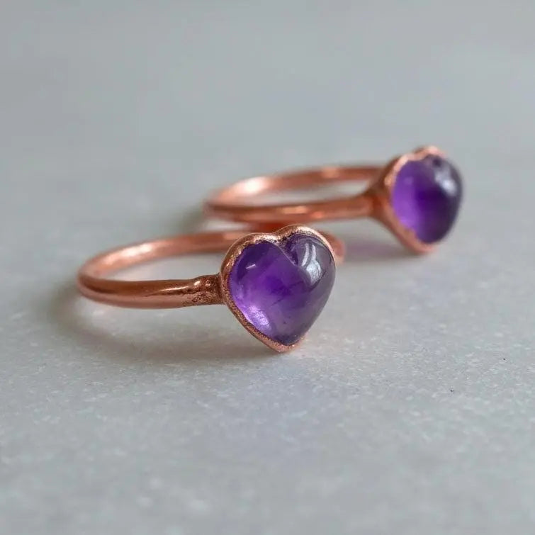 Electroformed Copper Amethyst Heart Ring: Bohemian February Birthstone - BlackbirdSageStudio