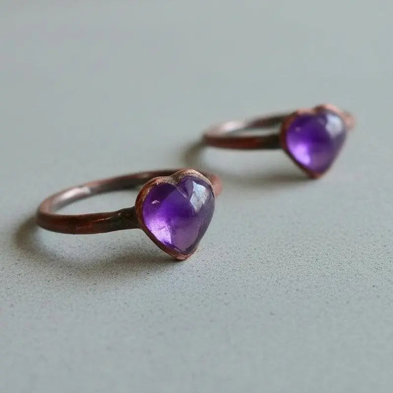 Electroformed Copper Amethyst Heart Ring: Bohemian February Birthstone - BlackbirdSageStudio