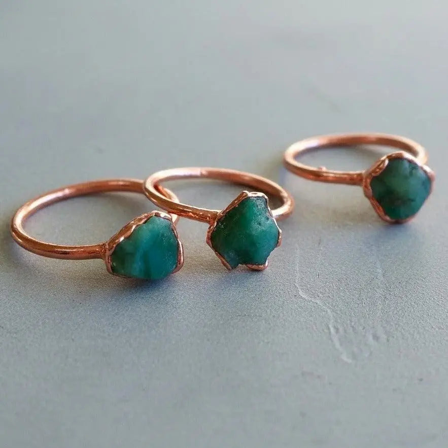 Raw Emerald Copper Ring: Electroformed Bohemian Solitaire, May Birthstone - BlackbirdSageStudio