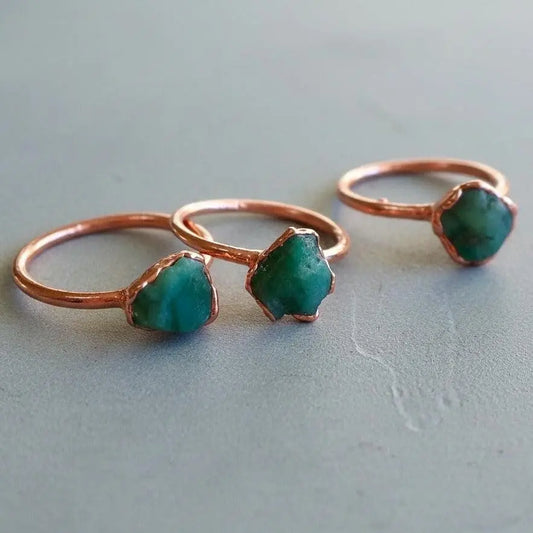 Raw Emerald Copper Ring: Electroformed Bohemian Solitaire, May Birthstone - BlackbirdSageStudio