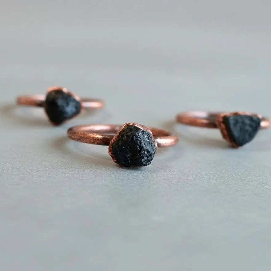 Electroformed Copper Ring: Raw Black Tourmaline, Antique Boho Jewelry - BlackbirdSageStudio
